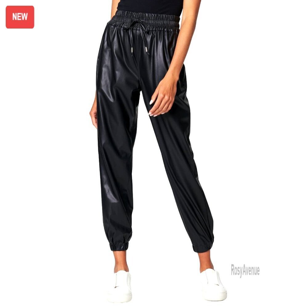Vegan Leather Joggers, Elastic Waist, Regular Fit, Stylish Pants